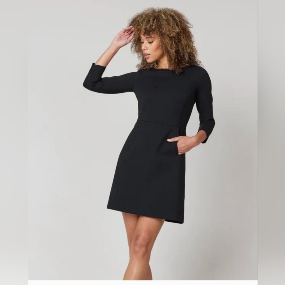 SPANX Black Sheath Dress 3/4 Sleeve Zip Crew Neck Size XL
